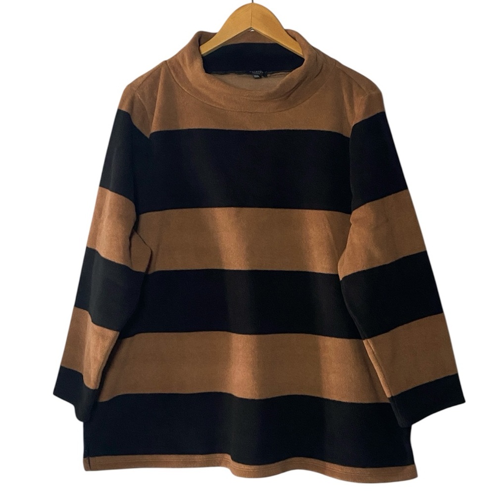Talbots Fleece Sweatshirt Women’s 2X Petite Tan Black Chunky Stripe Pullover Top